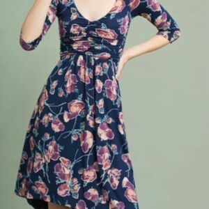 Anthropologie Maeve Midi Dress Floral Heppel Blue Purple Ruched Size Small